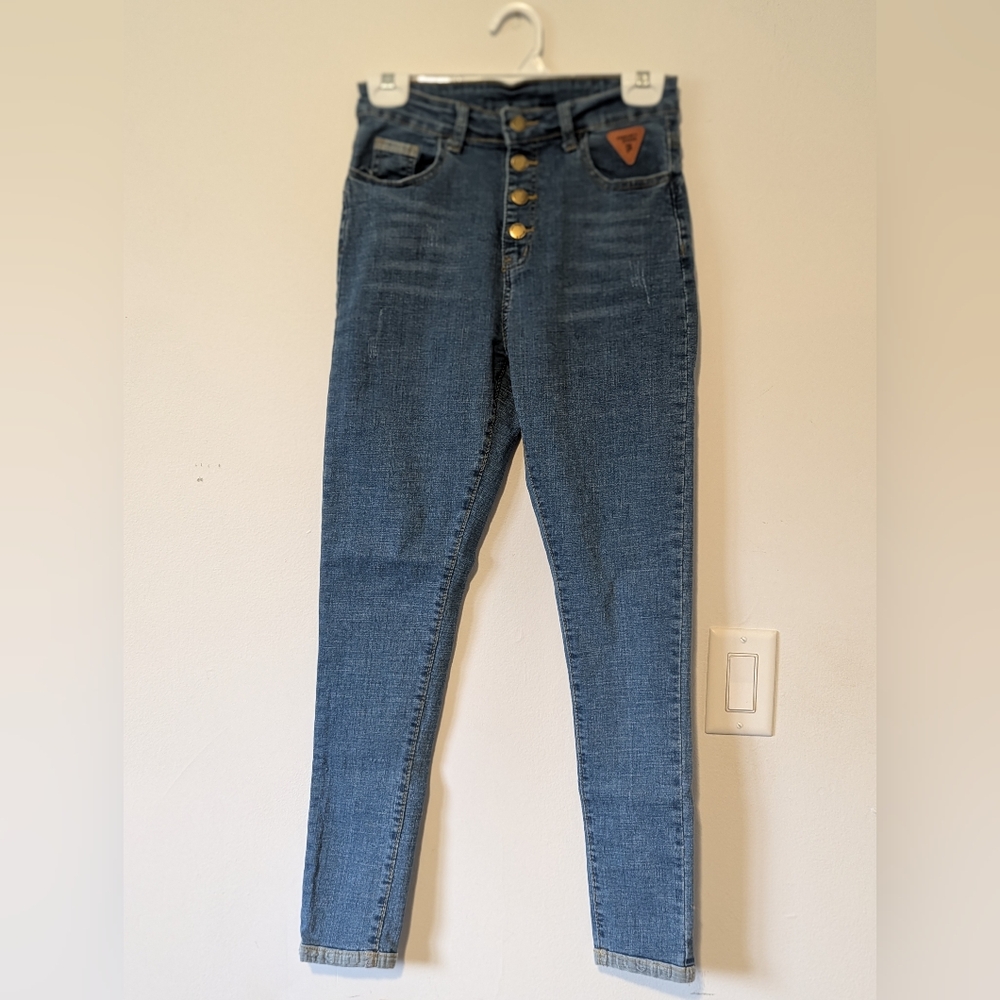 SHEIN Women's High-Rise Blue Jeans with Button Detail